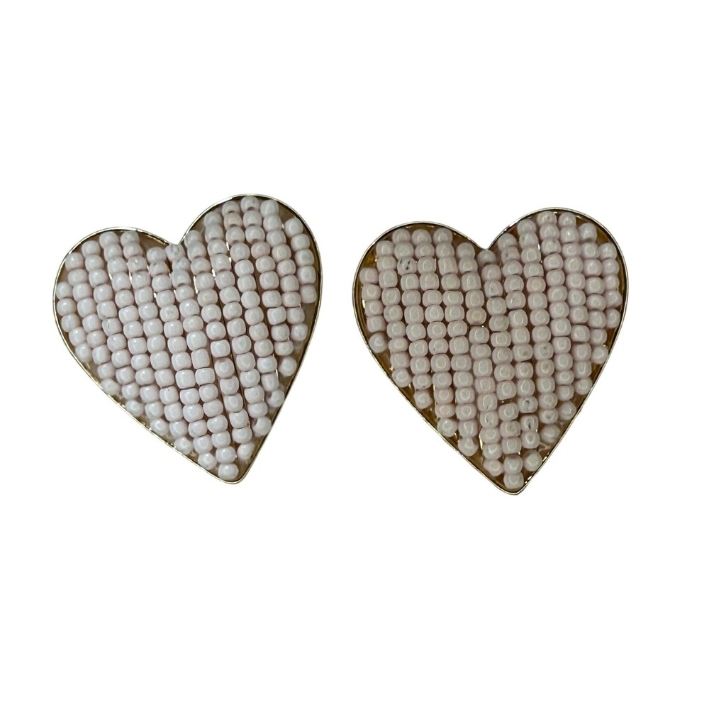 BaubleBar Heart Earrings Pink Beaded Gold Tone Studs Valentines Day Statement